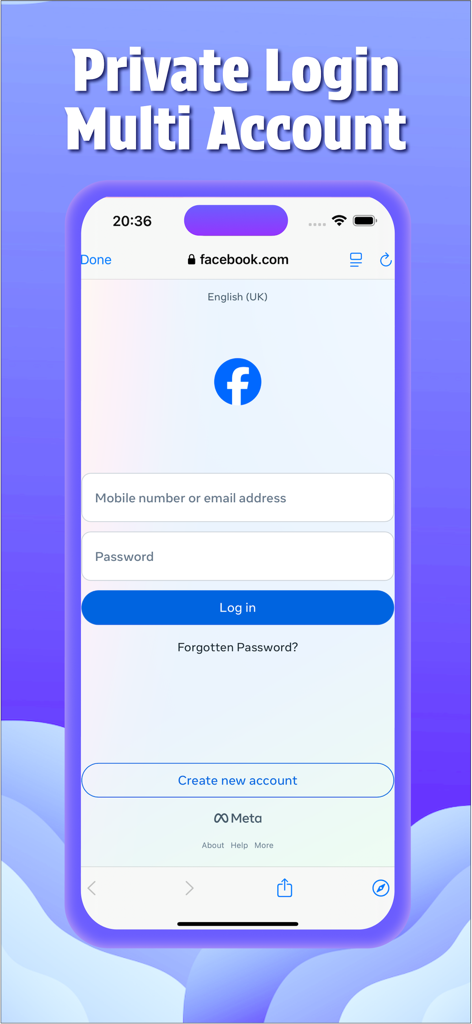 Dual Space: Multiple Parallel - A Facebook login screen displayed within the Dual Space app for private multi-account management.