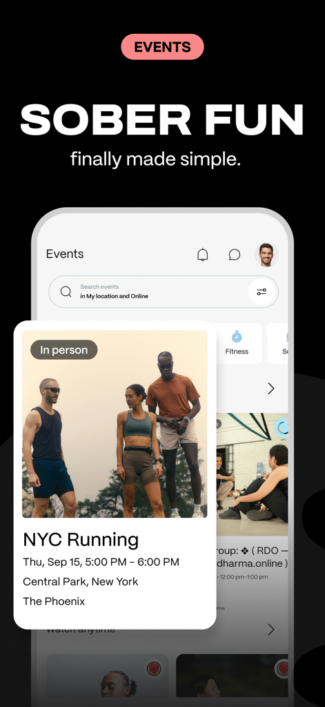 NewForm app interface showing a fitness event for NYC Running in Central Park for the sober community.
