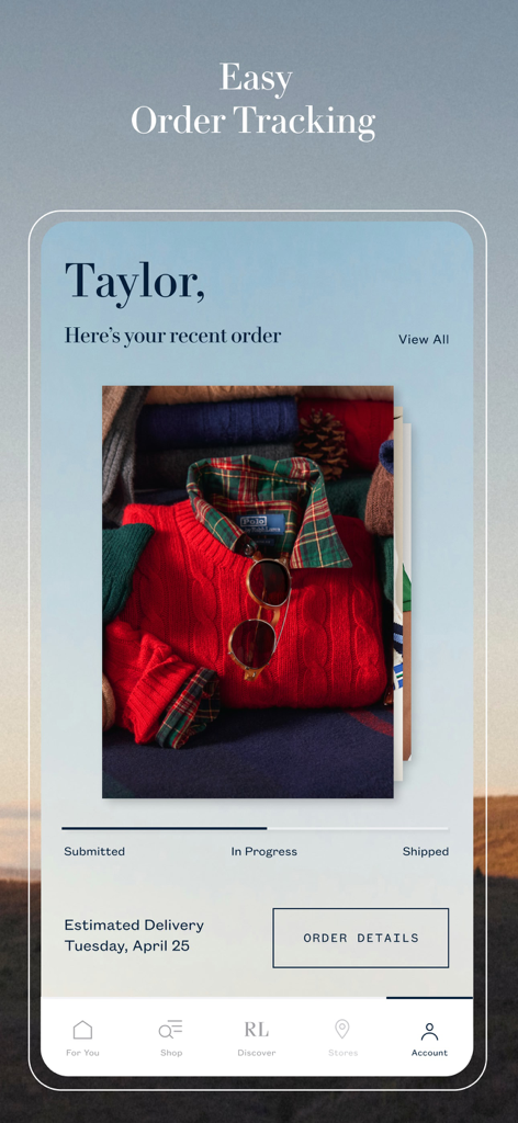 Ralph Lauren app screen showing order tracking status with estimated delivery date and product details