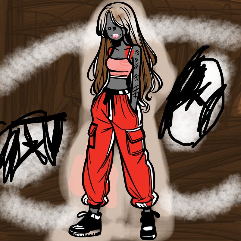 girl in baggy pants crop top and long hair