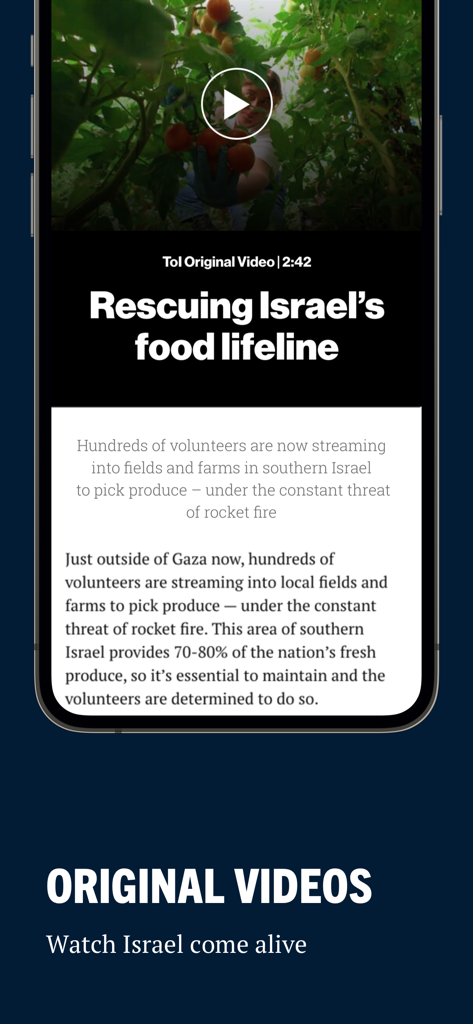 The Times of Israel app original video section featuring a story about volunteers on Israeli farms
