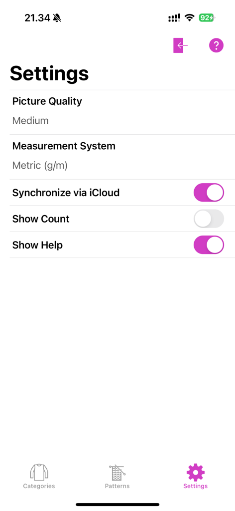Crocheting Patterns Lite - El menú de configuración de la aplicación Crocheting Patterns Lite que muestra opciones para la calidad de imagen, los sistemas de medición y la sincronización de iCloud.