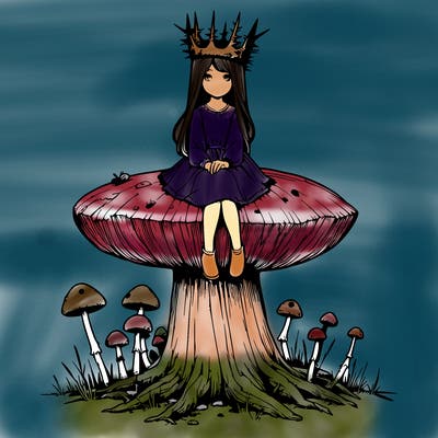 realistic girl sitting on a huge tree stump size toadstool with thorn crown