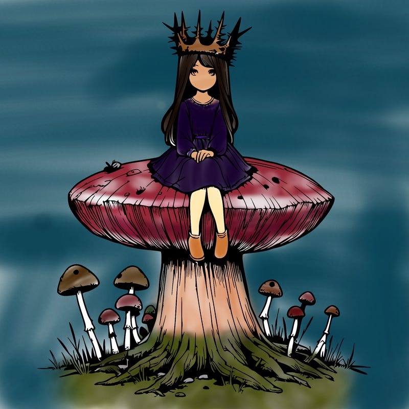 realistic girl sitting on a huge tree stump size toadstool with thorn crown