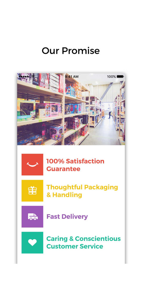 TOM Shop - TOM Shop app screen detailing the brand promise including satisfaction guarantee, thoughtful packaging, fast delivery, and conscientious customer service.