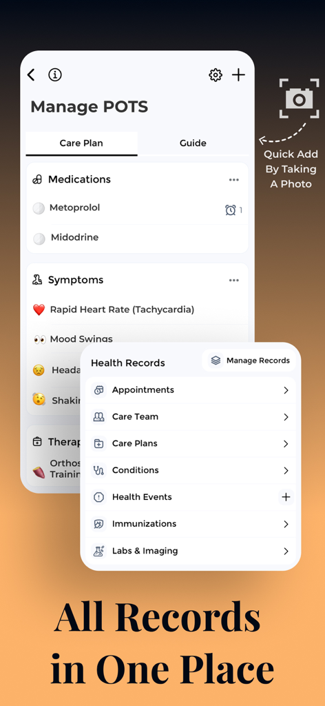 POTS Tracker - Tachycardia - Un'interfaccia mobile per POTS Tracker che mostra una vista centralizzata delle cartelle cliniche, inclusi farmaci, sintomi e piani di assistenza