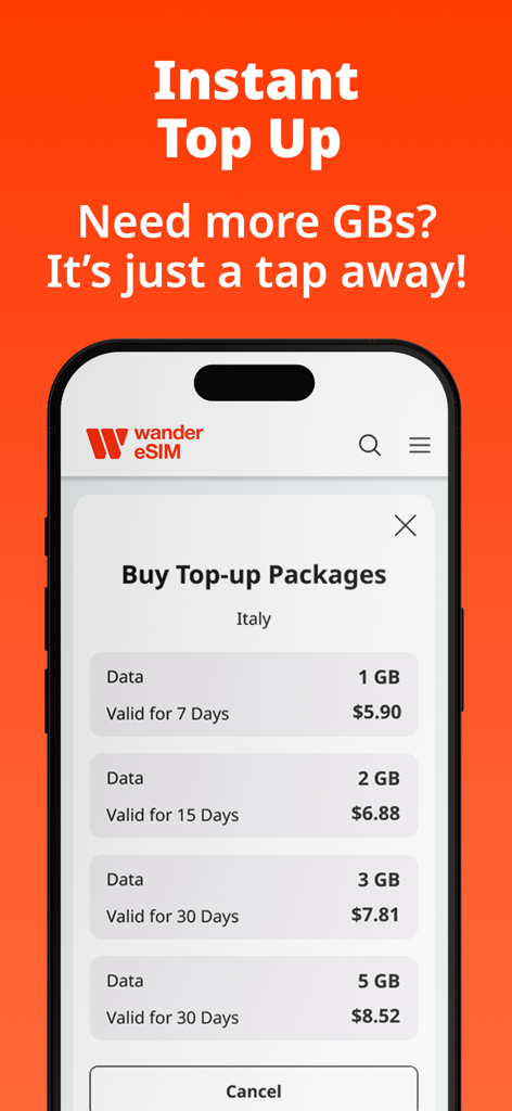 Wanderesim: Travel eSIM - A mobile app interface from Wanderesim showing instant data top up packages for Italy with options ranging from 1GB to 5GB.