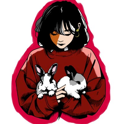 realistic girl with messy bunny baggy sweatshirt and holding bunnies