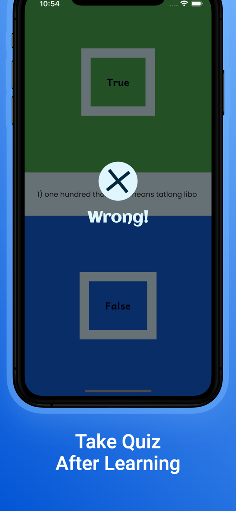 Tagalog Learning For Beginners - Interface do aplicativo de aprendizado de Tagalo mostrando um questionário com uma mensagem de resposta errada