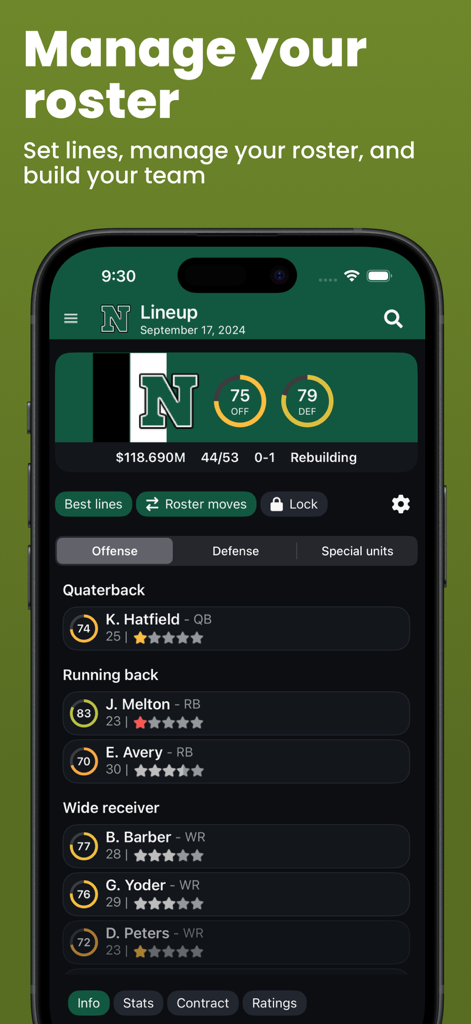 Football Legacy Manager 26 - Football Legacy Manager 26 mobile app screen showing the offensive roster lineup with player ratings and team statistics