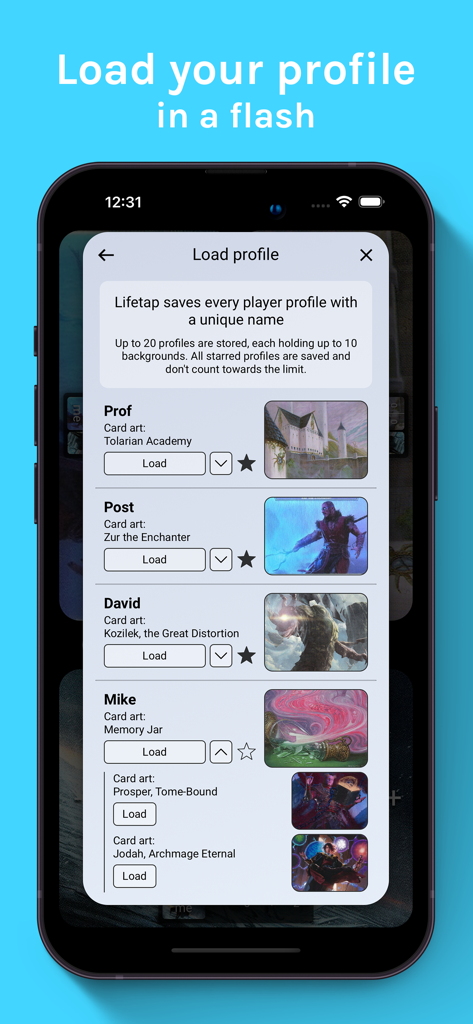 Lifetap MTG life counter app interface showing a list of saved player profiles with custom Magic The Gathering card art backgrounds