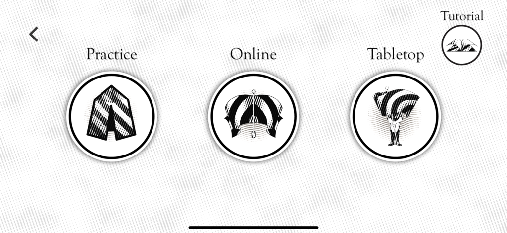 Kriegspiel - Menú principal de la aplicación Kriegspiel que muestra tres iconos circulares para los modos de juego Práctica, En línea y de Mesa en un diseño minimalista en blanco y negro.