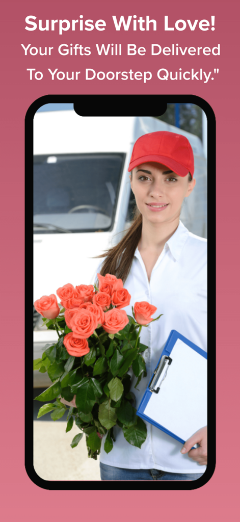 WOW VIR: Flowers Cakes & Gifts - Una persona de entrega sosteniendo un ramo de rosas rosadas frente a una furgoneta de reparto blanca