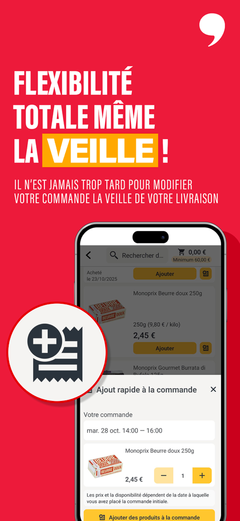 Écran de l'application Monoprix mettant en évidence la possibilité de modifier les commandes d'épicerie avant la livraison