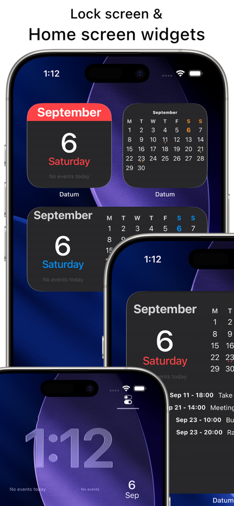 Datum - Calendar - Minimalistic Datum calendar app widgets on iPhone lock and home screens.