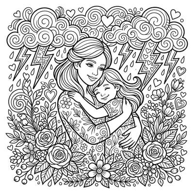Discover a heartwarming Mother's Day coloring page featuring a mother embracing her child amidst a stylized thunderstorm and beautiful floral details. This unique design celebrates the powerful and tender bond of maternal love.