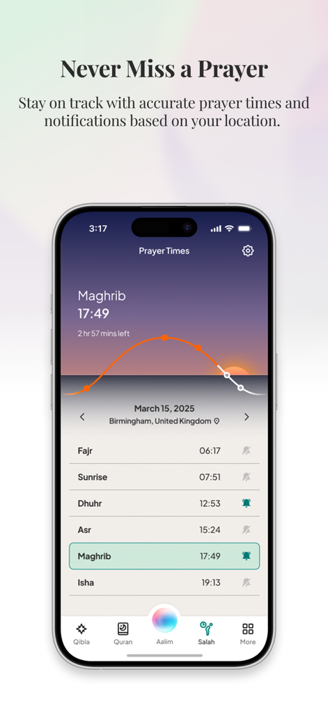 AI Muslim Assistant - Aalim - Aalim app interface displaying daily Islamic prayer times and location based notifications on a mobile screen.