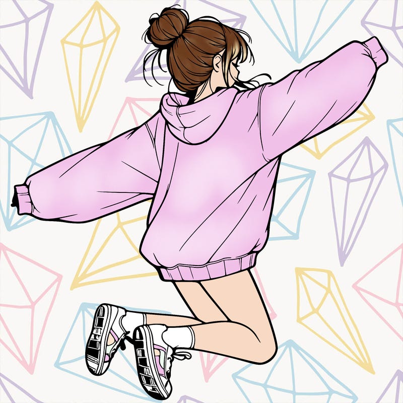 realistic girl jumping with a bun and oversized sweatshirt
