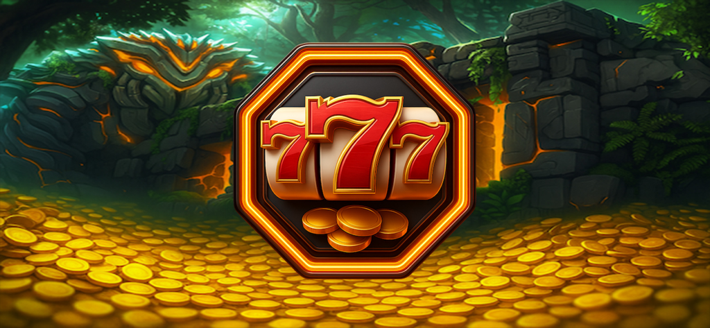 Xaldrith Phydal Slots lucky triple seven jackpot screen with piles of gold coins and a jungle stone golem background