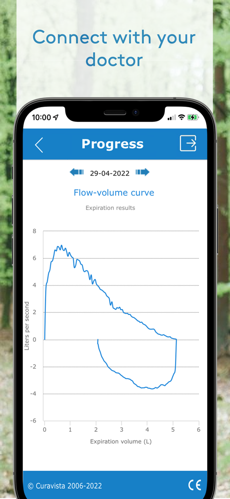 Gezondheidsmeter - Gezondheidsmeter app showing a flow volume curve graph for expiration results on the progress screen