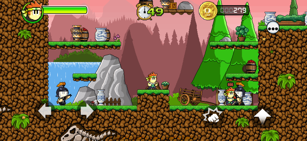 Dan The Man Platformer - Dan the Man fighting enemies in a retro pixel art forest level with platforming elements and waterfall