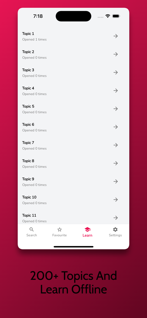 Thai Learning - Beginners - A mobile interface of the Thai Learning app showing a list of topics and a banner highlighting 200 plus topics and offline learning