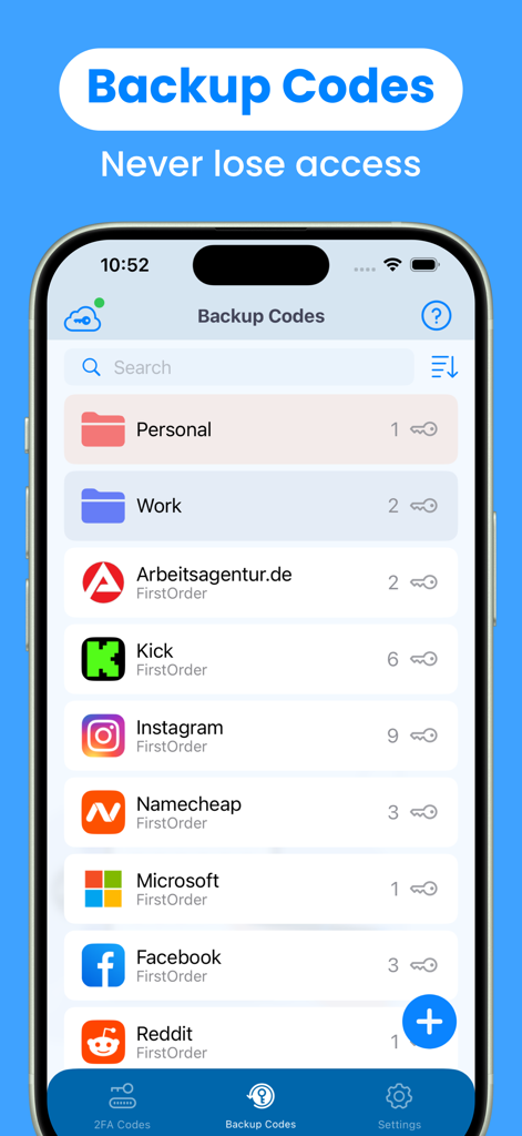 Authenticator App · 2FA - The backup codes screen of the 2FA Authenticator app showing folders and a list of accounts