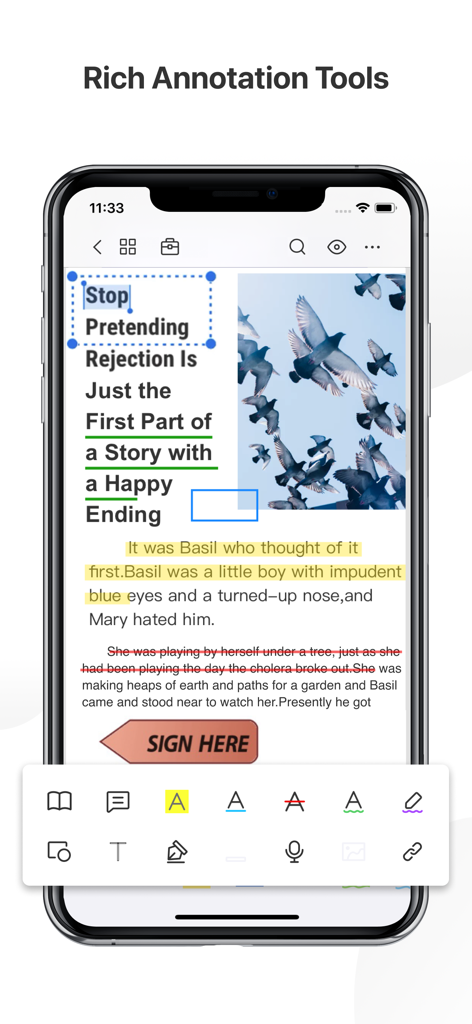 PDF Reader Pro – Lite Edition - iPhone screen displaying PDF Reader Pro annotation tools including highlighting and digital signatures.