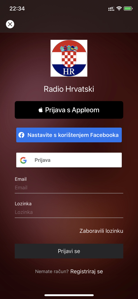 Radio Hrvatski - Radio Hrvatski login screen showing social sign-in options and email login.