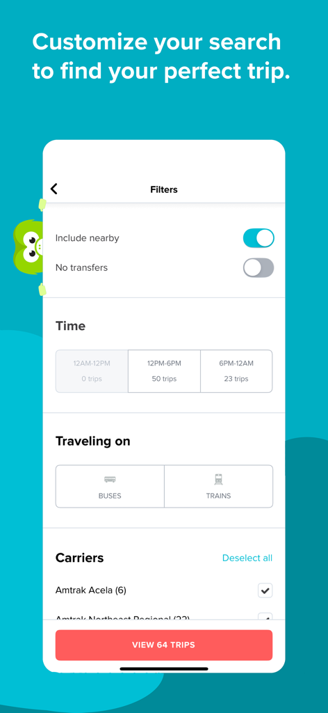 Wanderu mobile app interface showing search filters for bus and train trips with time and carrier options