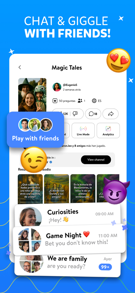 Captura de pantalla de Trivia Crack Premium que muestra funciones de chat grupal y juego con amigos.