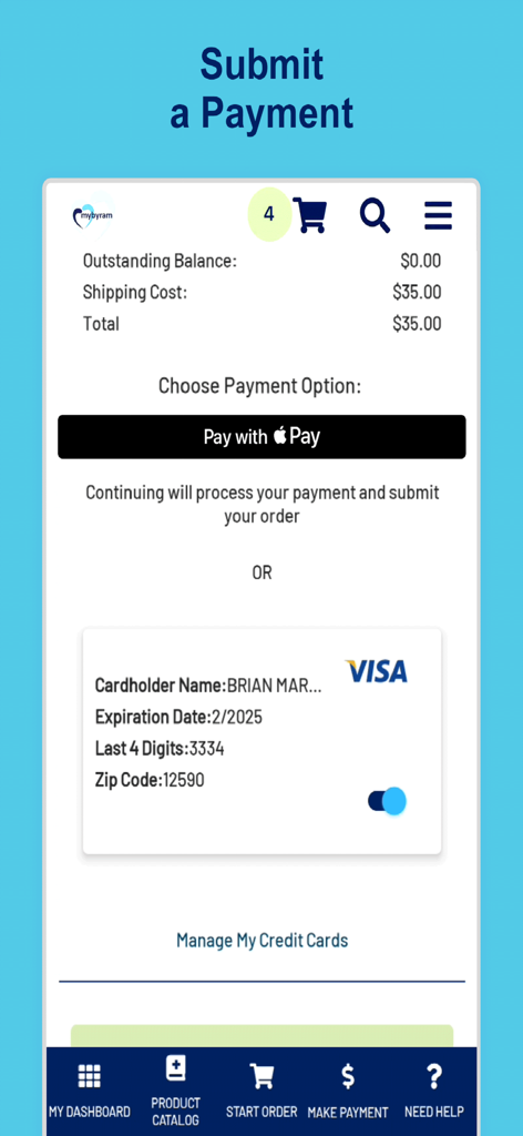 The submit a payment screen in the mybyram app showing Apple Pay and Visa card checkout options