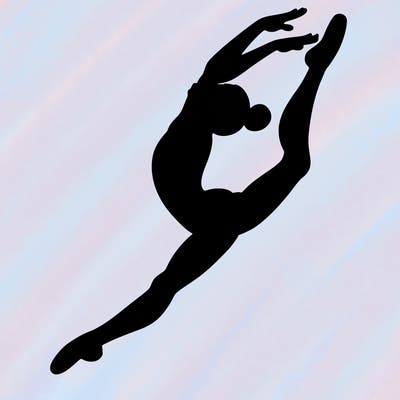 gymnast doing a leap in a leotard with a bent back leg