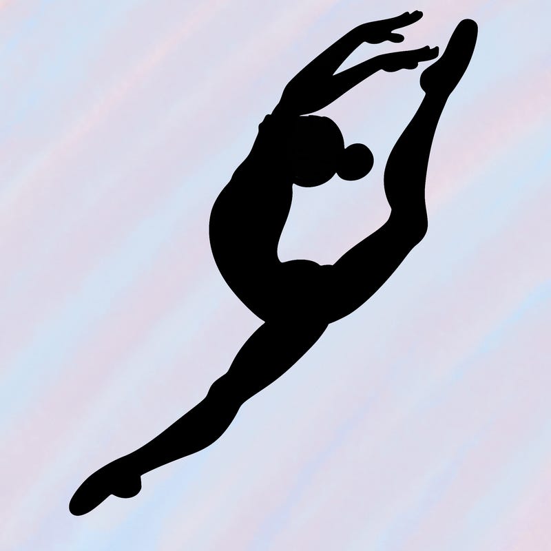 gymnast doing a leap in a leotard with a bent back leg