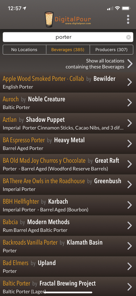 DigitalPour - Pocket Beer Menu - DigitalPour app interface showing search results for porter beer with a list of available craft beverages and producers