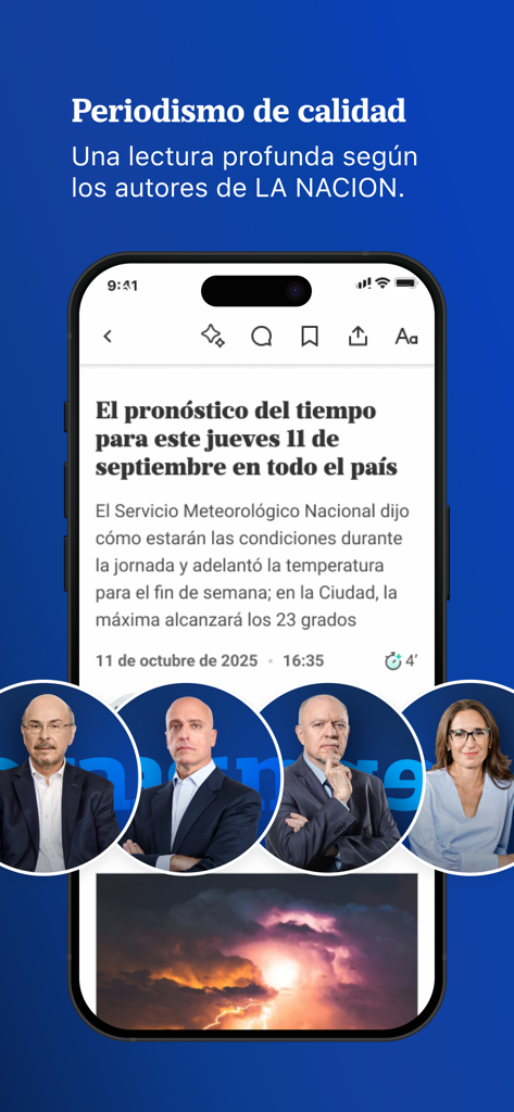 Interfaz de la aplicación de LA NACION mostrando un artículo de noticias y sus columnistas destacados.
