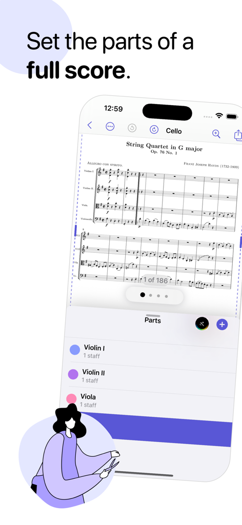Partifier: extract score parts - iPhone screen showing the Partifier app interface for extracting instrument parts from a full musical score