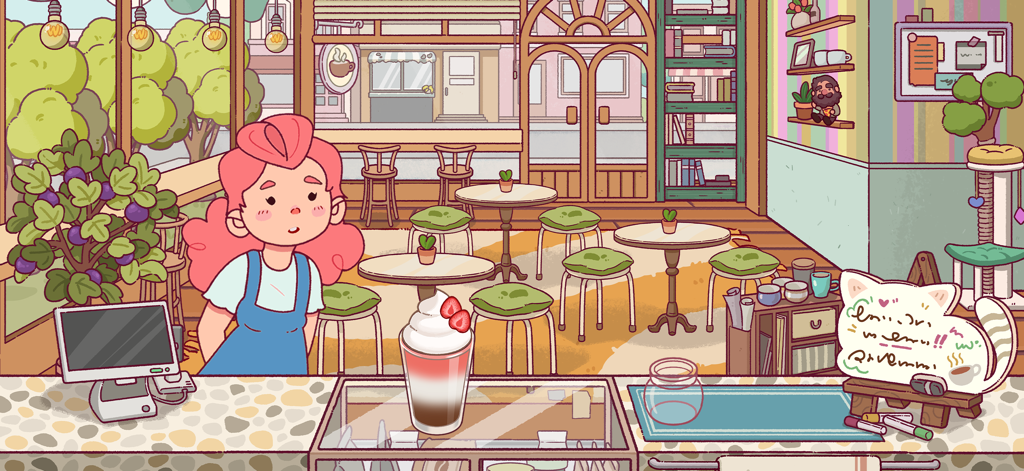 Good Coffee, Great Coffee - Interior view of a cozy hand-drawn coffee shop with a pink haired barista behind the counter