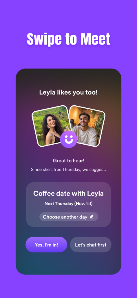 Interface of the Duet dating app showing a mutual match and an automated coffee date suggestion by the Meetup Assistant