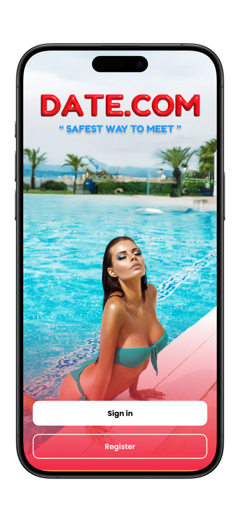 Date.com dating app login screen with a woman by a pool and sign in buttons