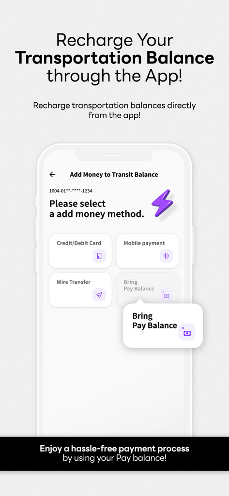 NAMANE: Pay & Transit card - NAMANE app interface showing options to recharge transportation balance