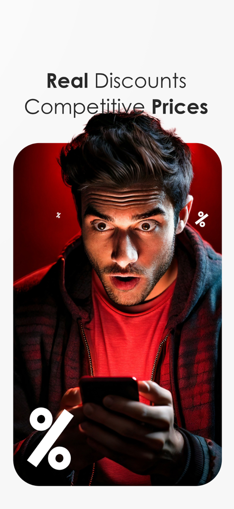 A man looking surprised at his smartphone displaying discounts and competitive prices on the Jomla app