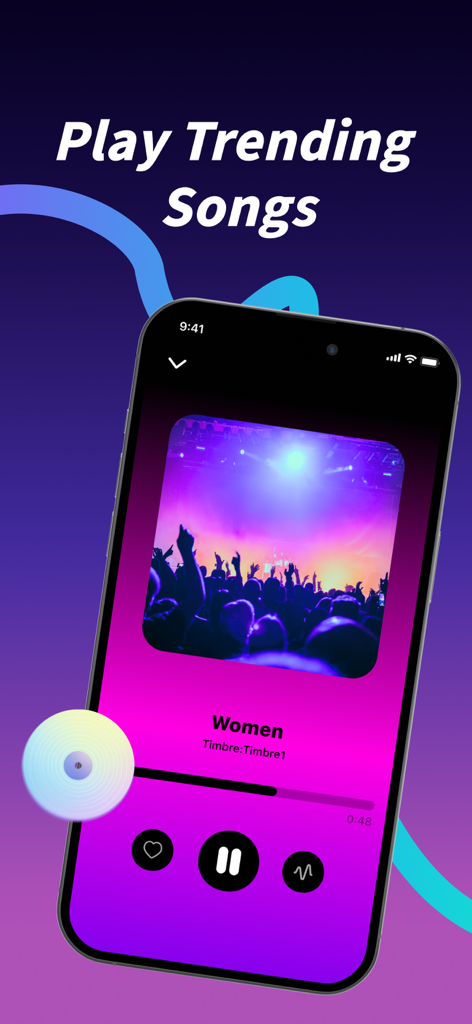 ToneSnap music player interface showing a trending song playing on an iPhone.