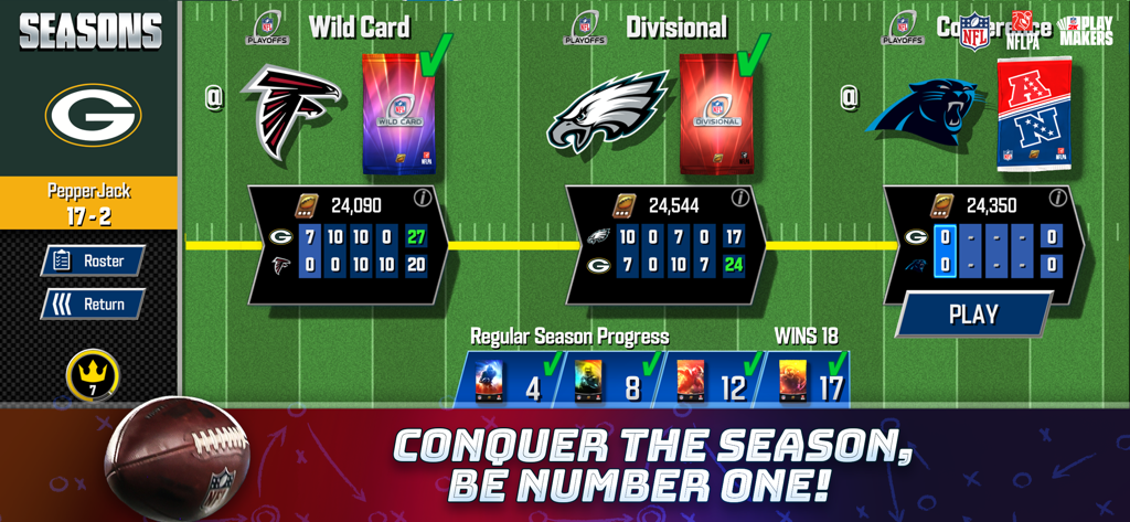 Jugabilidad del modo Temporadas de NFL 2K Playmakers mostrando el progreso de los playoffs y los resultados de los partidos sobre un fondo de campo de fútbol americano.