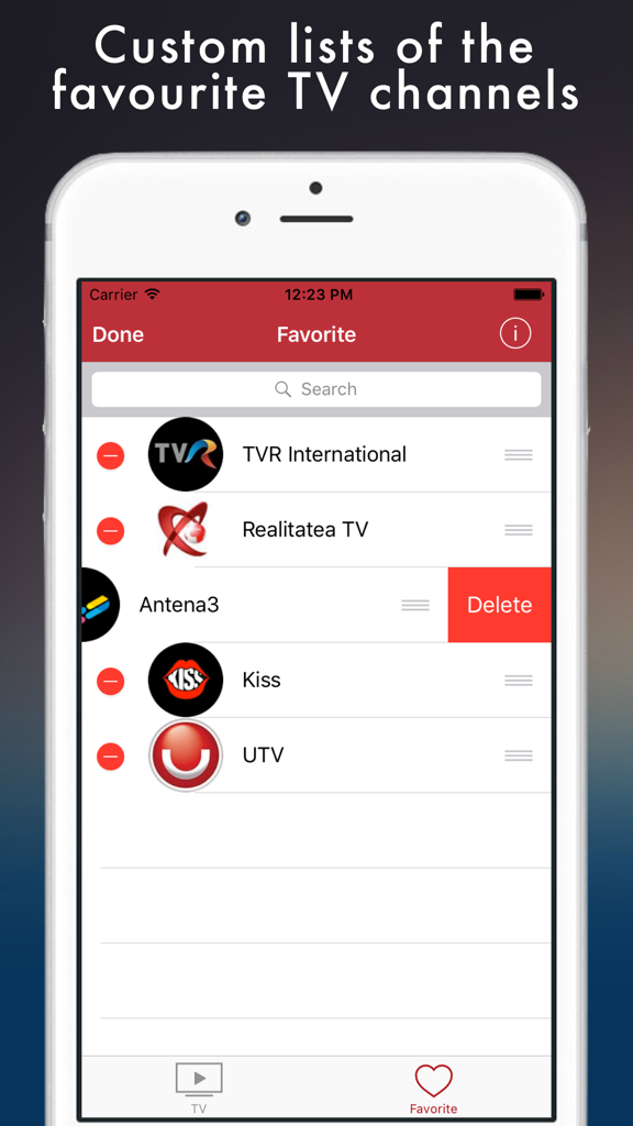 TV Românesc - Romanian TV live - Interfaz de la aplicación TV Românesc mostrando una lista de canales de televisión rumanos favoritos