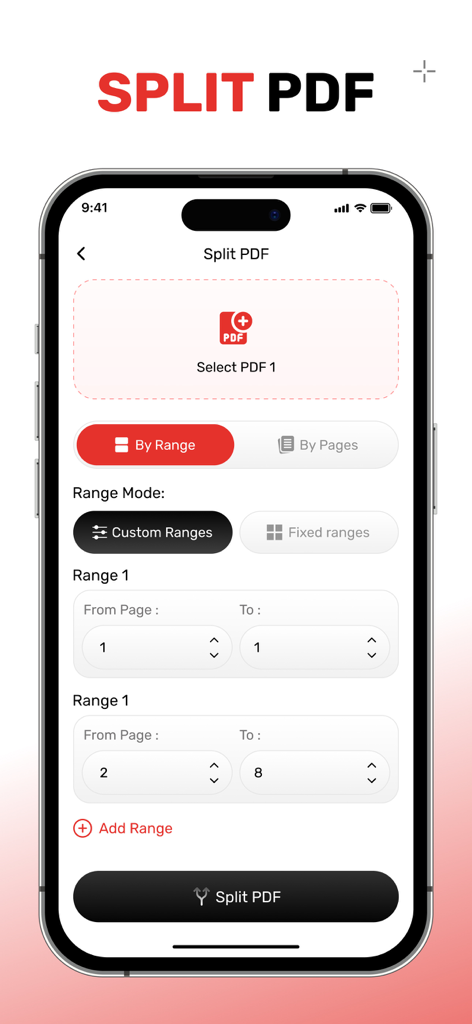 AI PDF Editor モバイルアプリでカスタムページ範囲の選択が表示された PDF 分割ツールインターフェイス。