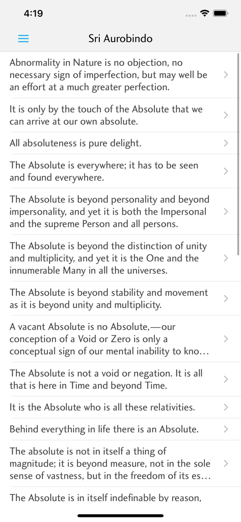 The Incarnate Word - A clean reading interface showing a list of philosophical quotes by Sri Aurobindo in The Incarnate Word app