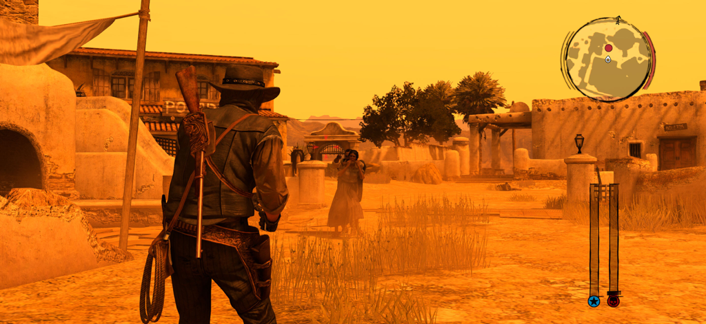 John Marston en un pueblo del Oeste bañado por el sol en Red Dead Redemption.