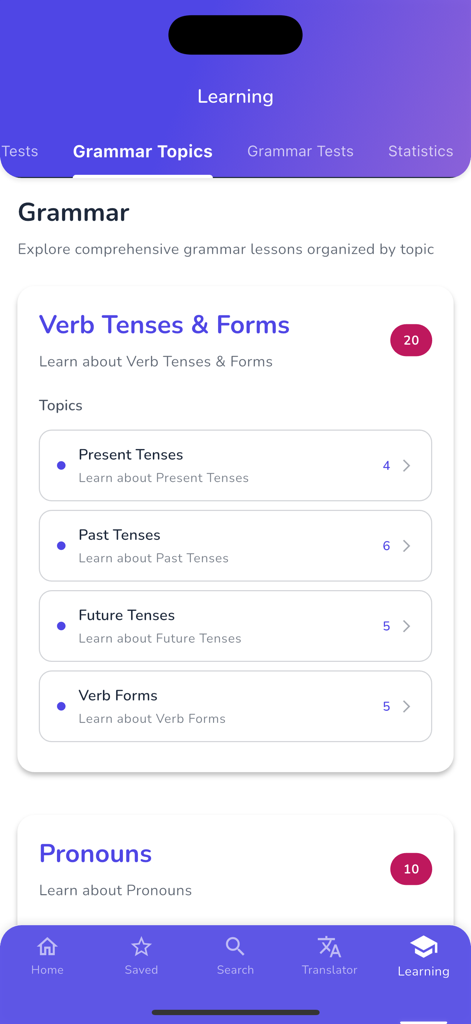 Grammar topics section in the English Uzbek Dictionary BRIDG app showcasing verb tenses and pronouns