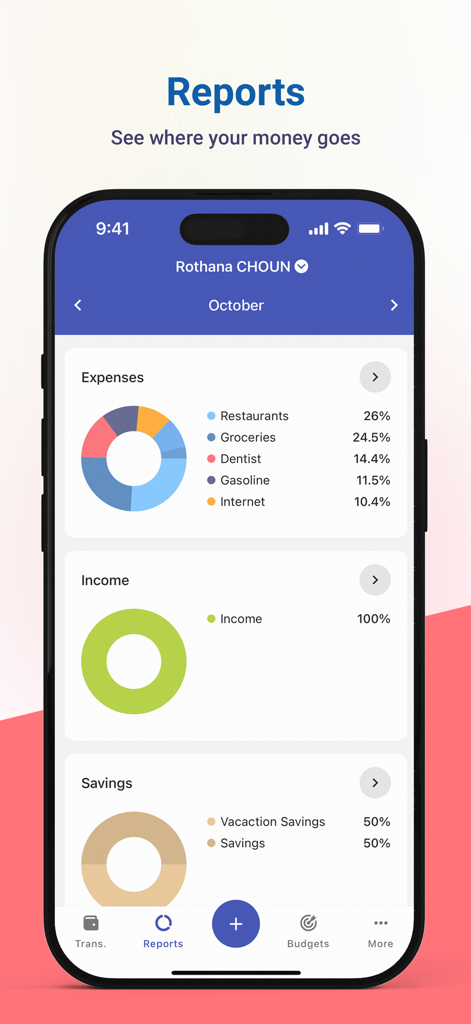 Monthly financial reports in the Jamnay app displaying donut charts for expenses income and savings.